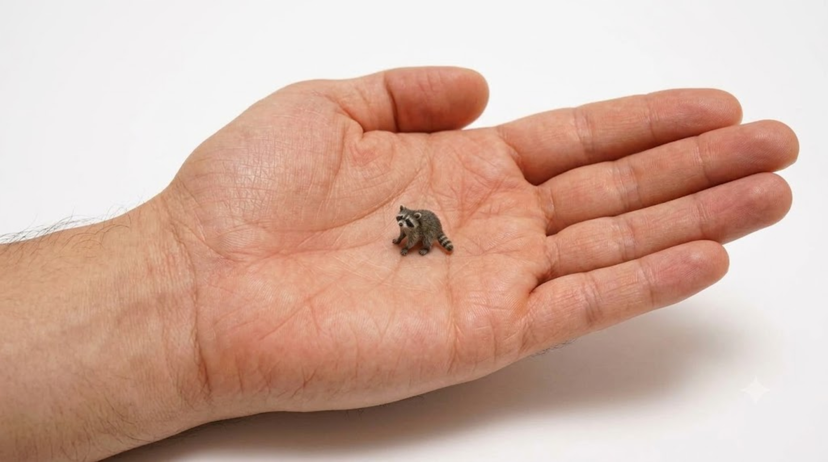 Nano raccoon standing on an open palm